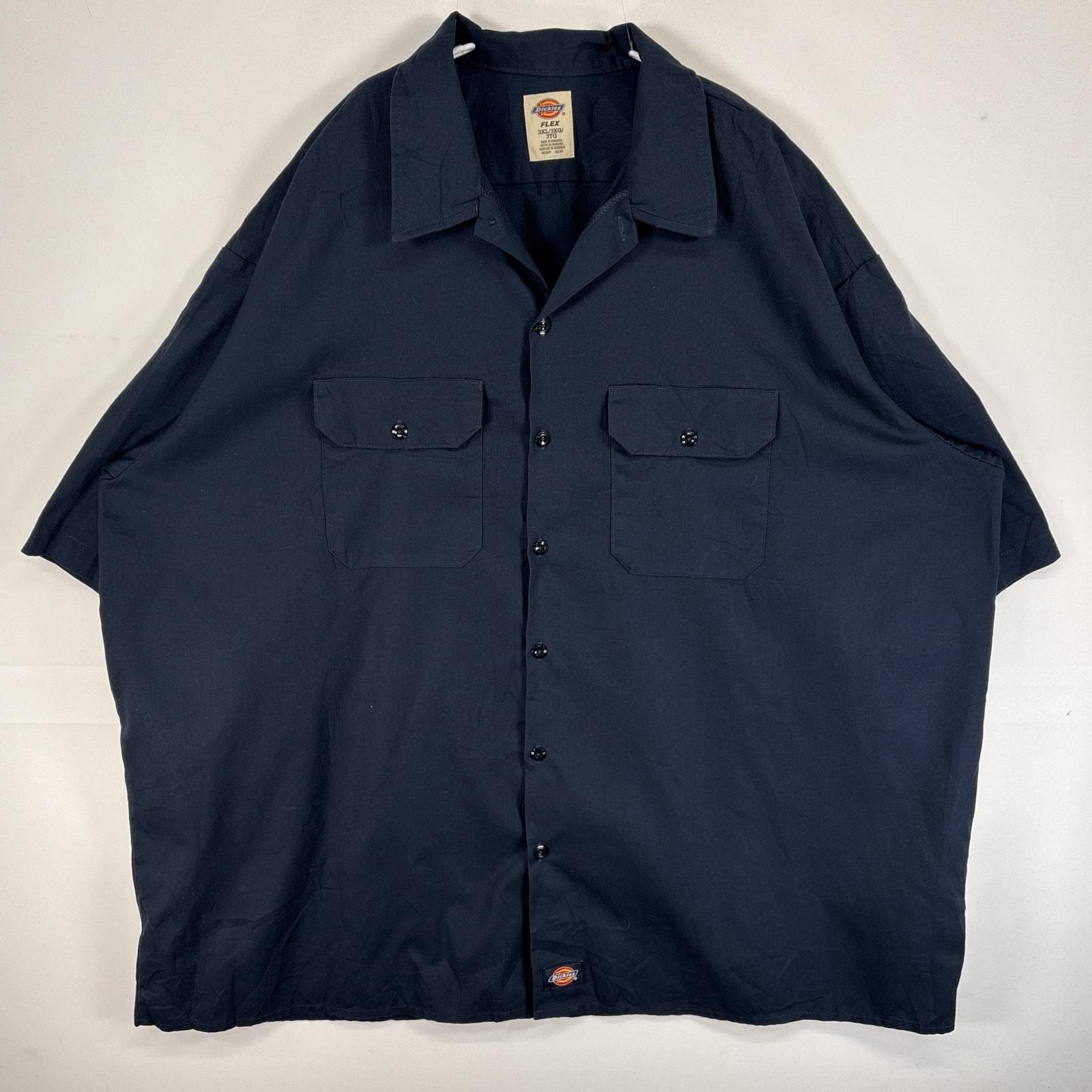 古着 ディッキーズ Dickies 半袖シャツ ワーク 作業着 フラップポケ 大きいサイズ ワンポイント ロゴ 3XL ネイビー 無地 メンズ