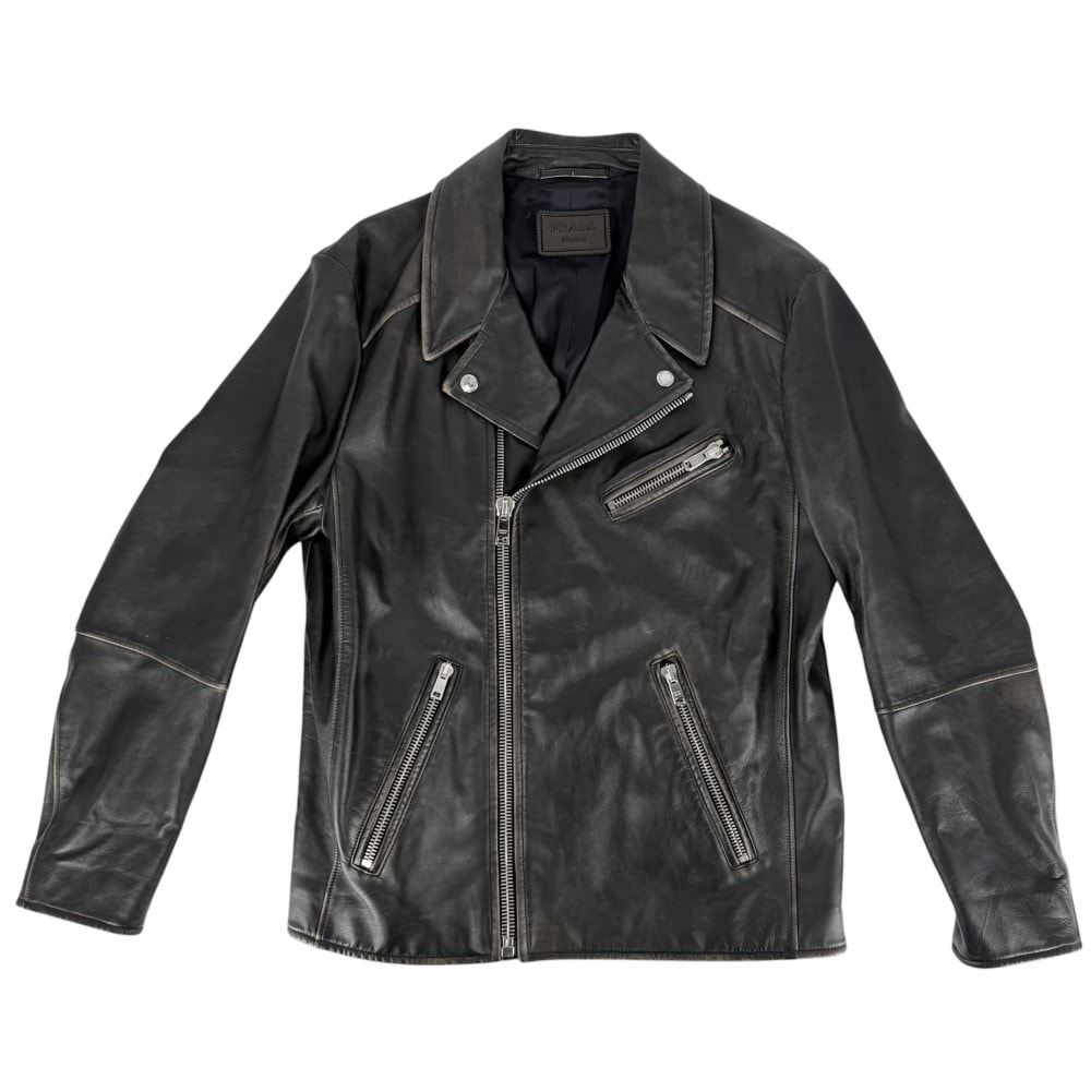 PRADA プラダ ライダースジャケット レザージャケット アウター ブルゾン アパレル 服 50 ブラウン系 シルバー金具 牛革 メンズ 春 秋【中古品】