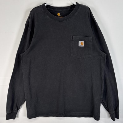 古着 カーハート Carhartt 長袖Tシャツ ワンポイント ロゴ クルーネック 肉厚 S ブラック 無地 メンズ