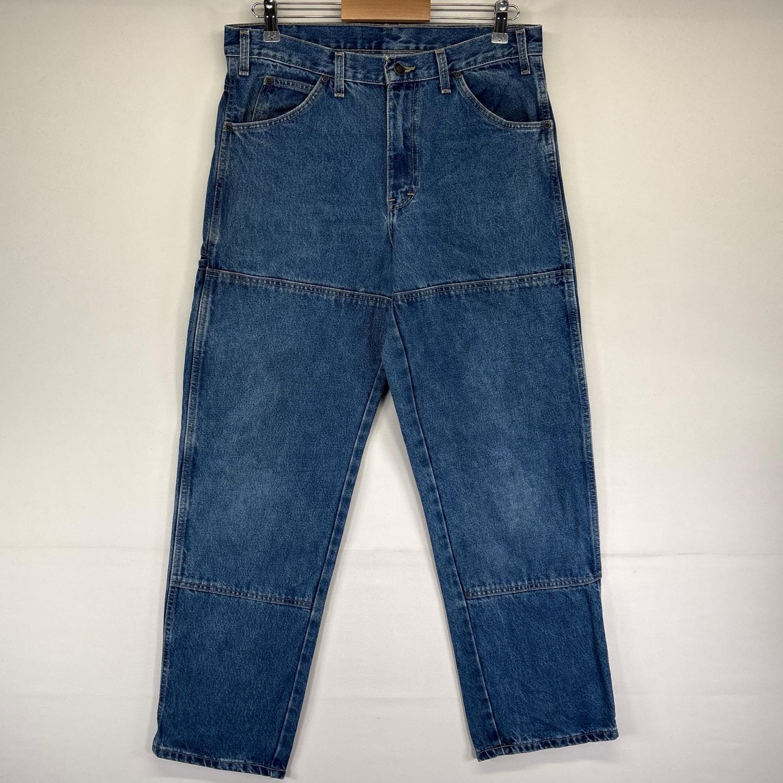 古着 ディッキーズ Dickies デニム パンツ ダブルニー サイドポケット ジップフライ ワンポイントロゴ W32×L32 ブルー系 メンズ