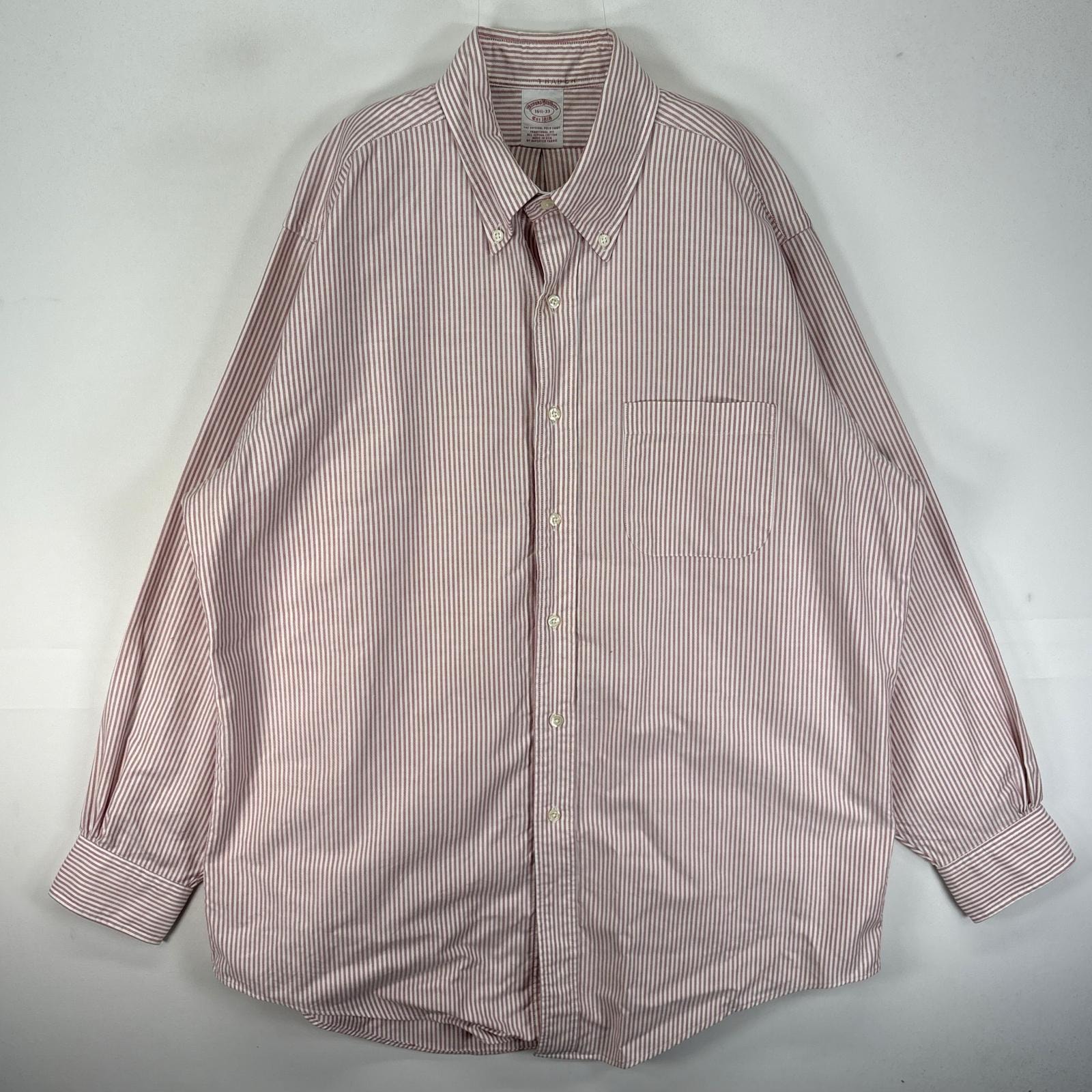 古着 ブルックスブラザーズ Brooks Brothers USA製 長袖シャツ ボタンダウン 胸ポケット L  レッド系 ストライプ メンズ