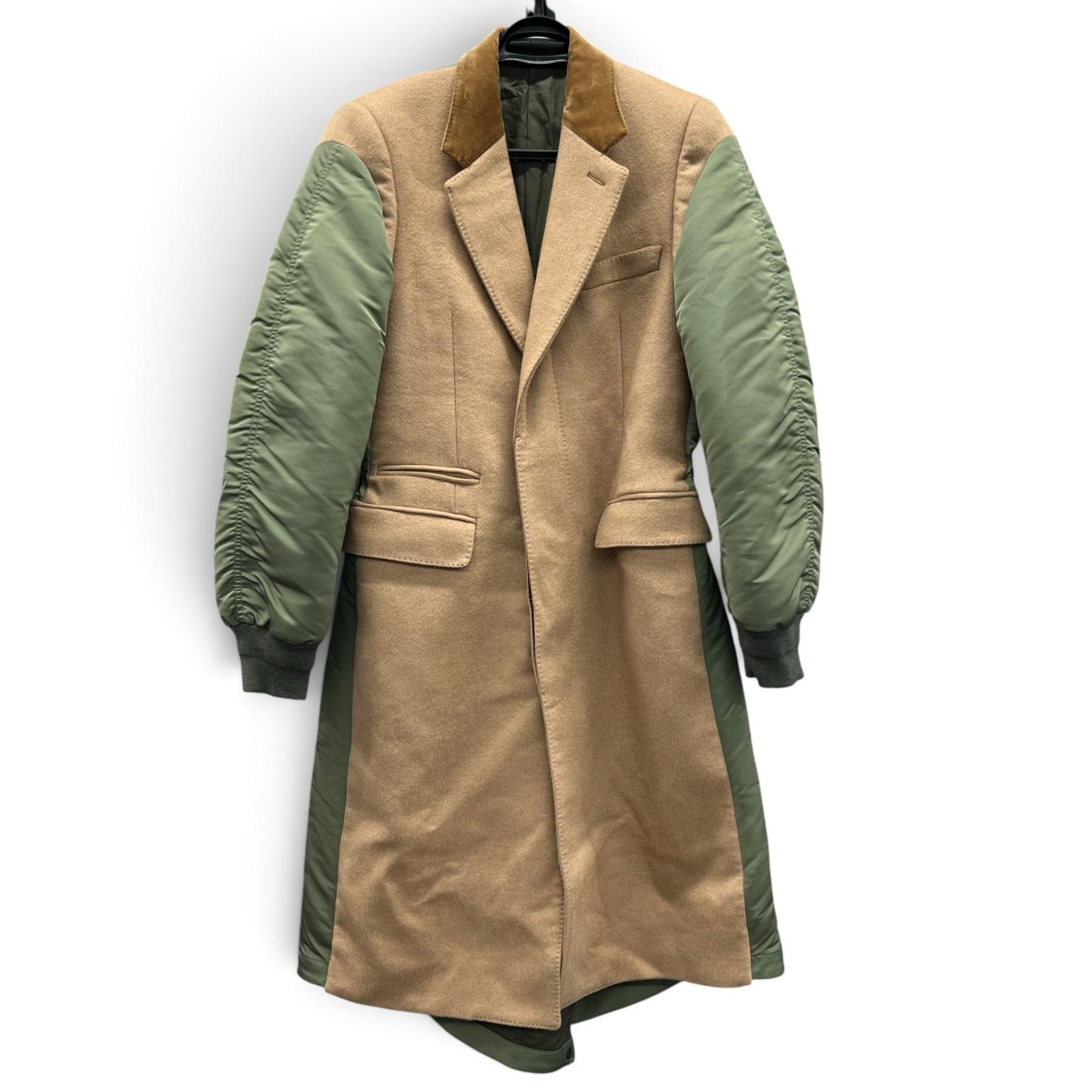 Alexander McQueen 希少 極美品 アレキサンダーマックィーン 2021 Camel Hair Coat ドッキング ロゴ キャメルヘアコート 654612 ナイロン カーキグリーン ベージュ #46 チェスターコート Aランク 中古 鑑定済