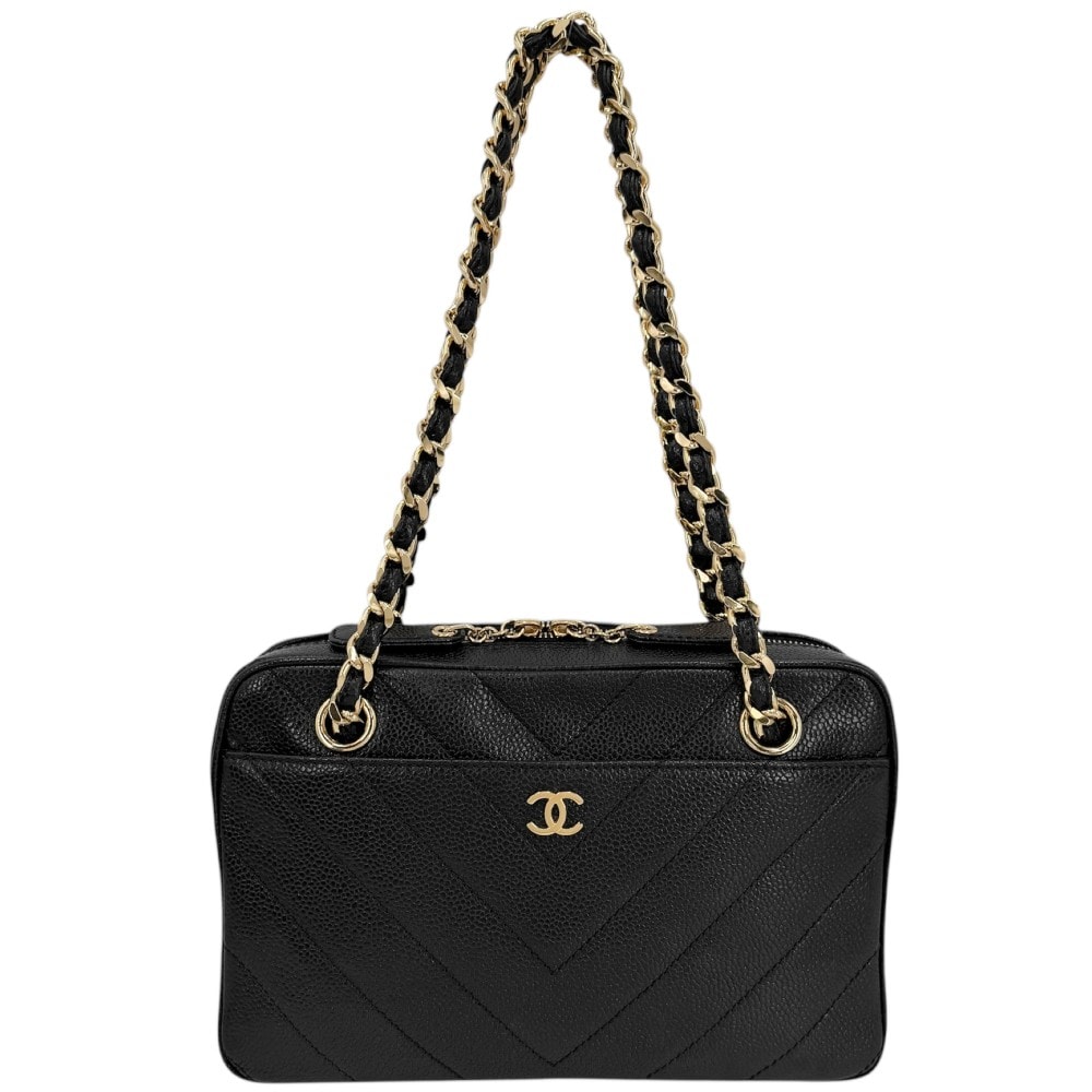 CHANEL シャネル ショルダーバッグ シェブロン Vステッチ ココマーク チェーンショルダー  キャビアスキン   ブラック 黒 ゴールド金具 レディース 美品【中古品】