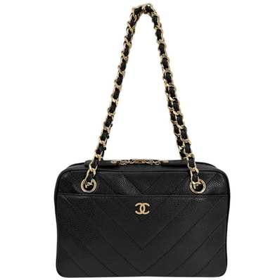 CHANEL シャネル ショルダーバッグ シェブロン Vステッチ ココマーク チェーンショルダー キャビアスキン ブラック 黒 ゴールド金具 レディース 美品【中古品】