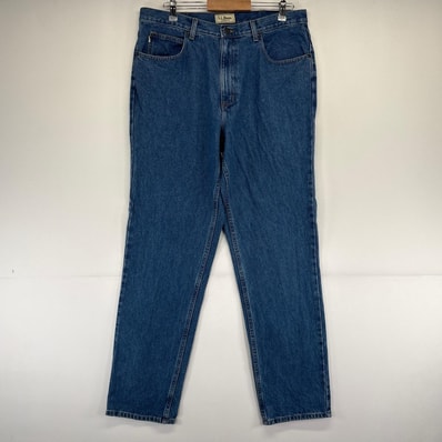 古着 エルエルビーン L.L.Bean デニム パンツ テーパード レザーパッチ 5ポケット 大きいサイズ w37×L34 ブルー系 メンズ