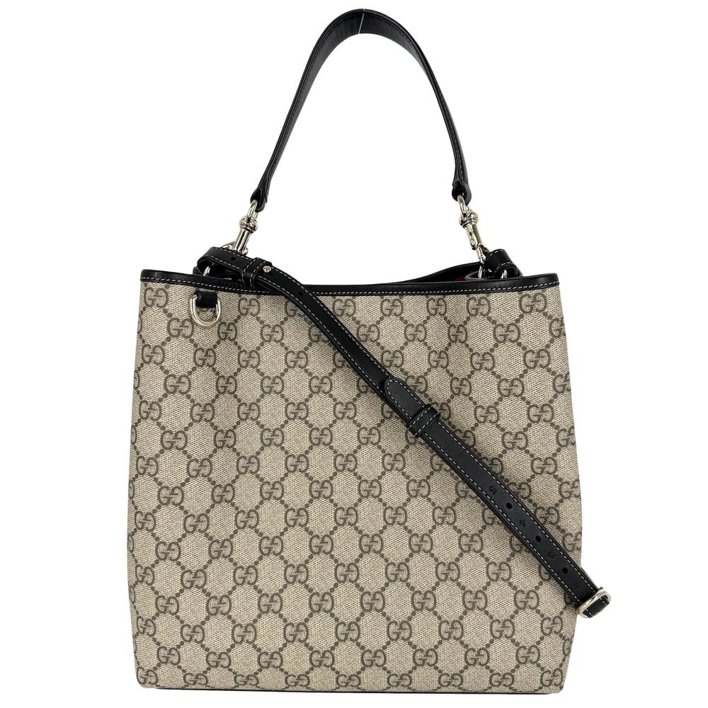 GUCCI グッチ トートバッグ GGエンブレム ミディアム バケットバッグ 肩掛け ハンドバッグ 815103 GGスプリームキャンバス レザー ベージュ ブラック 黒 ゴールド金具 レディース【中古品】