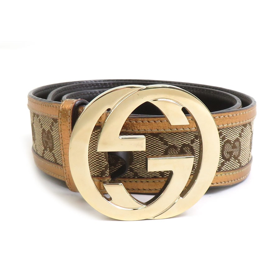 グッチ GUCCI ベルト インターロッキングG GGキャンバス/レザー ゴールド×ブラウン ユニセックス 114876【中古】 r10839a