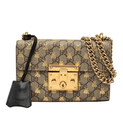 グッチ GGスプリーム ビー パドロック チェーン ショルダーバッグ ハンドバッグ 2way 409487 ベージュ PVC レザー レディース GUCCI 中古