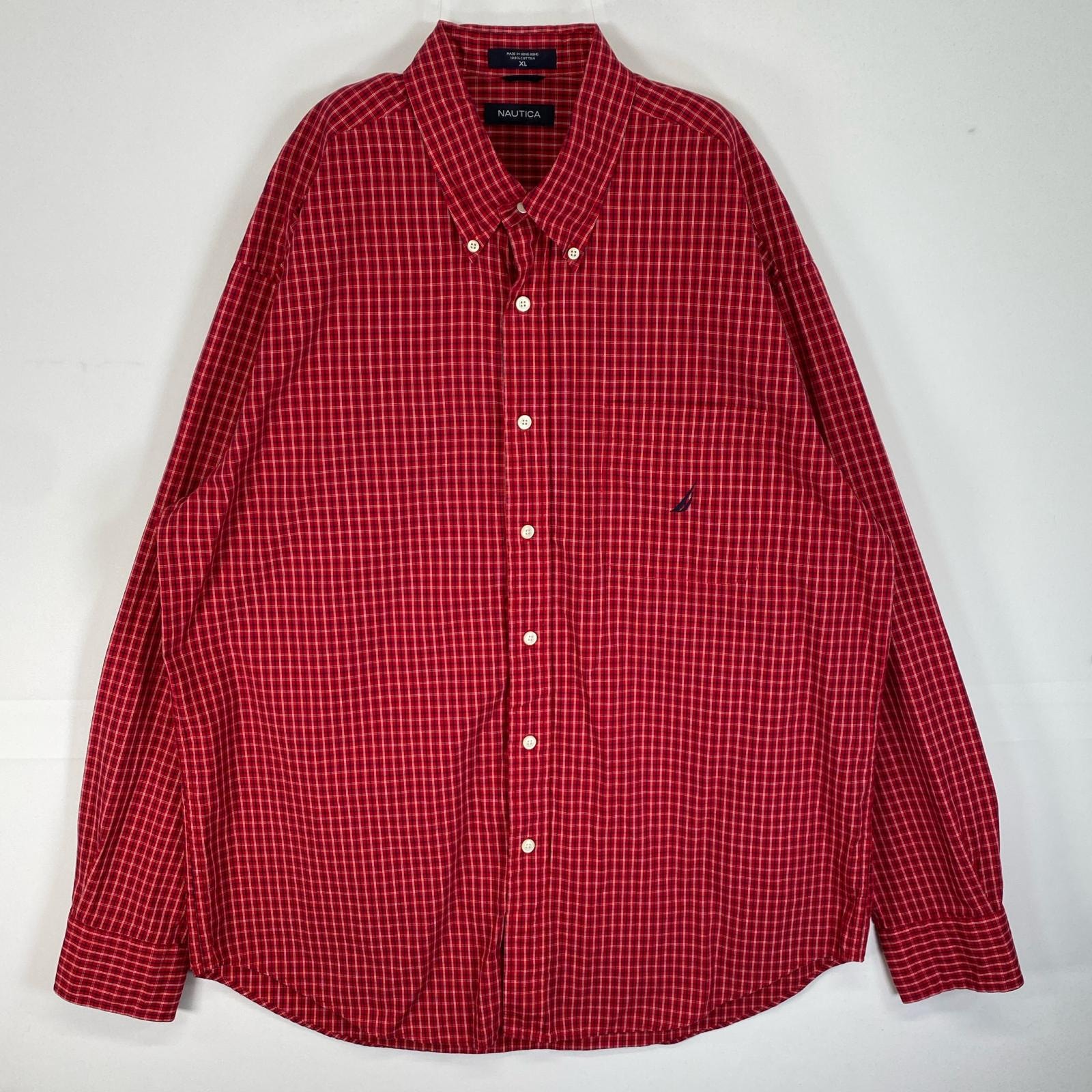 古着 ノーティカ NAUTICA 長袖シャツ ロゴ 刺繍 チェック 大きいサイズ XL  レッド系 マルチカラー メンズ
