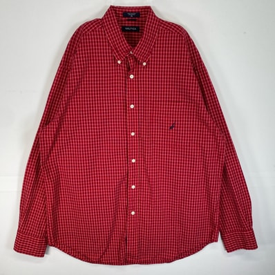 古着 ノーティカ NAUTICA 長袖シャツ ロゴ 刺繍 チェック 大きいサイズ XL レッド系 マルチカラー メンズ