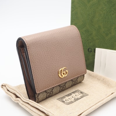 極美品 GUCCI グッチ GGスプリーム ダブルG バイカラー ミディアム ウォレット 598587 二つ折り財布 ベージュ ブラウン レザー コーティングキャンバス レディース