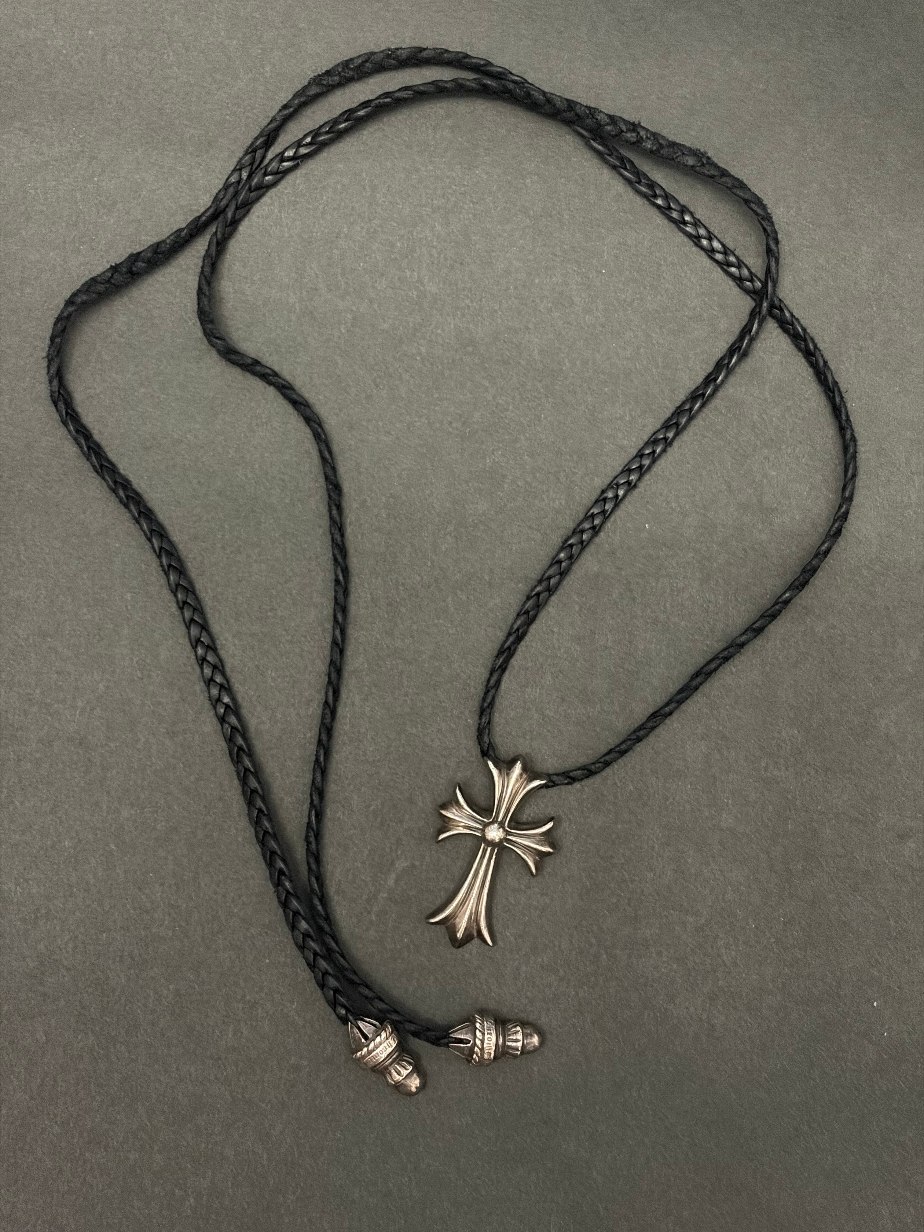 Chrome Hearts Small CH Cross Leather Braid W Bolo Tip Necklace "Silver"