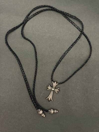 Chrome Hearts Small CH Cross Leather Braid W Bolo Tip Necklace "Silver"