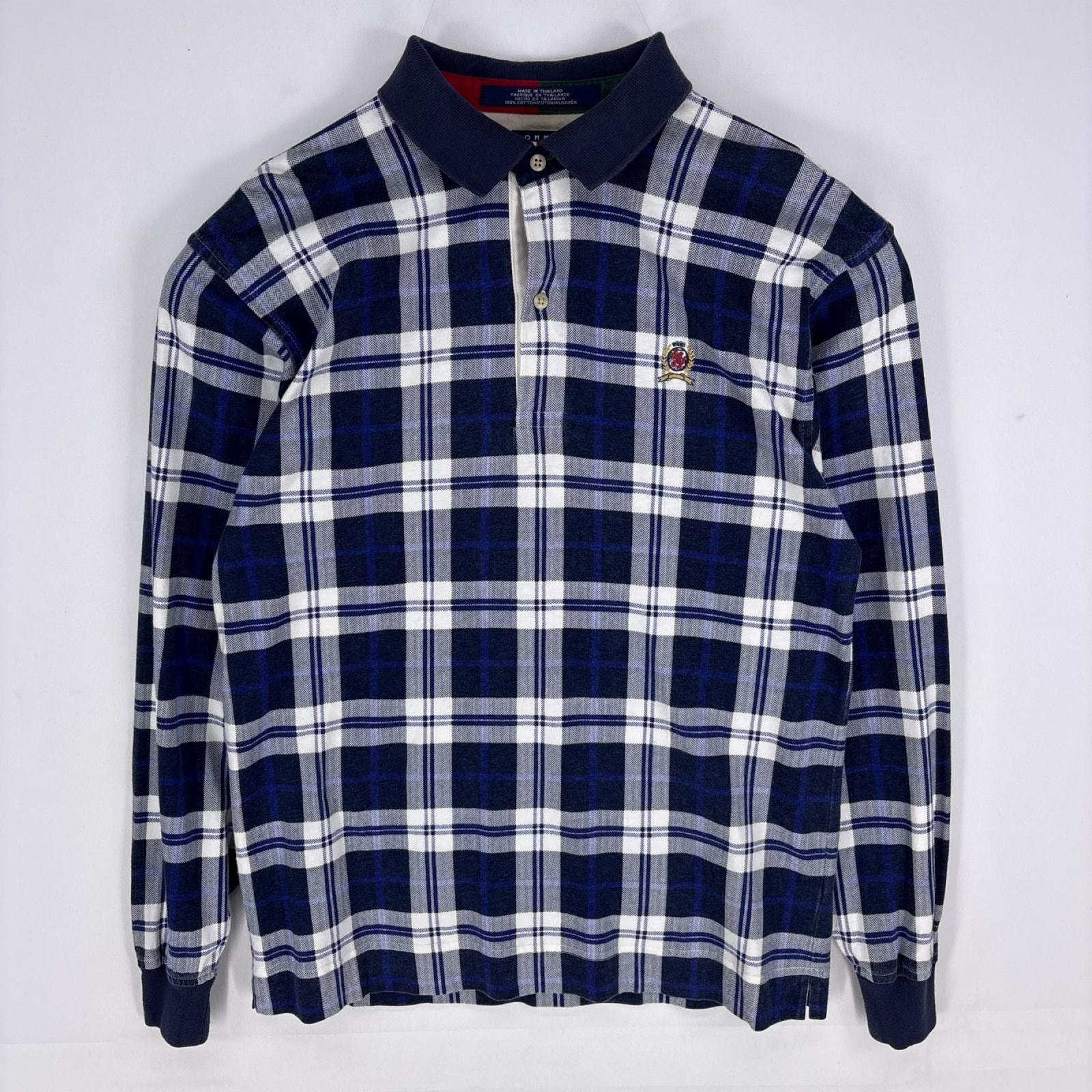 古着 90's/90年代 トミーヒルフィガー TOMMY HILFIGER 長袖シャツ ワンポイント 刺繍 ラガーシャツ L ネイビー系 チェック ボーイズ