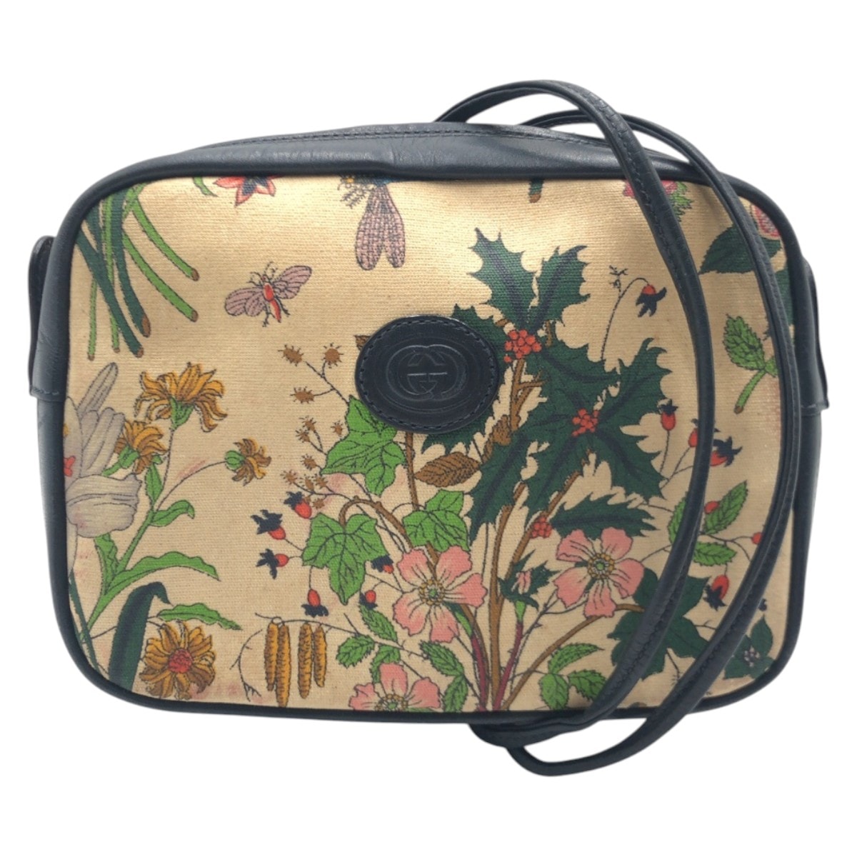 GUCCI グッチ ヴィンテージ オールドグッチ フローラ ベージュ ネイビー キャンバス ショルダーバッグ 505750 【中古】