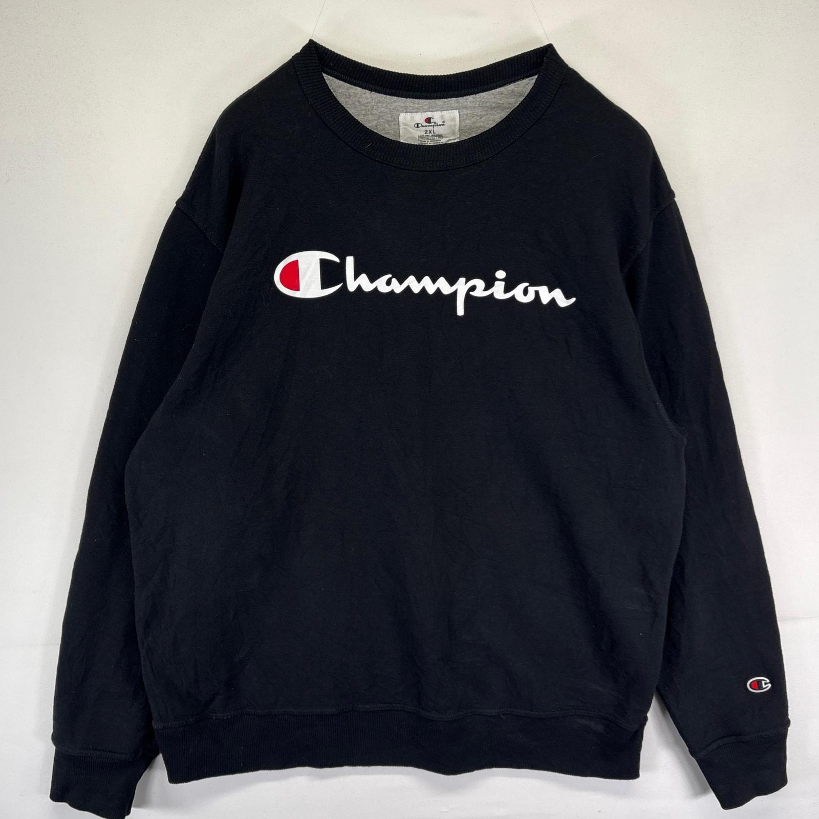 古着 チャンピオン Champion スウェット クルーネック ビッグプリントロゴ トレーナー 大きいサイズ 2XL ブラック系 メンズ