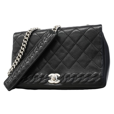 【6fa1935】シャネル ショルダーバッグ マトラッセ チェーンショルダー レザー ブラック シルバー金具【中古】レディース