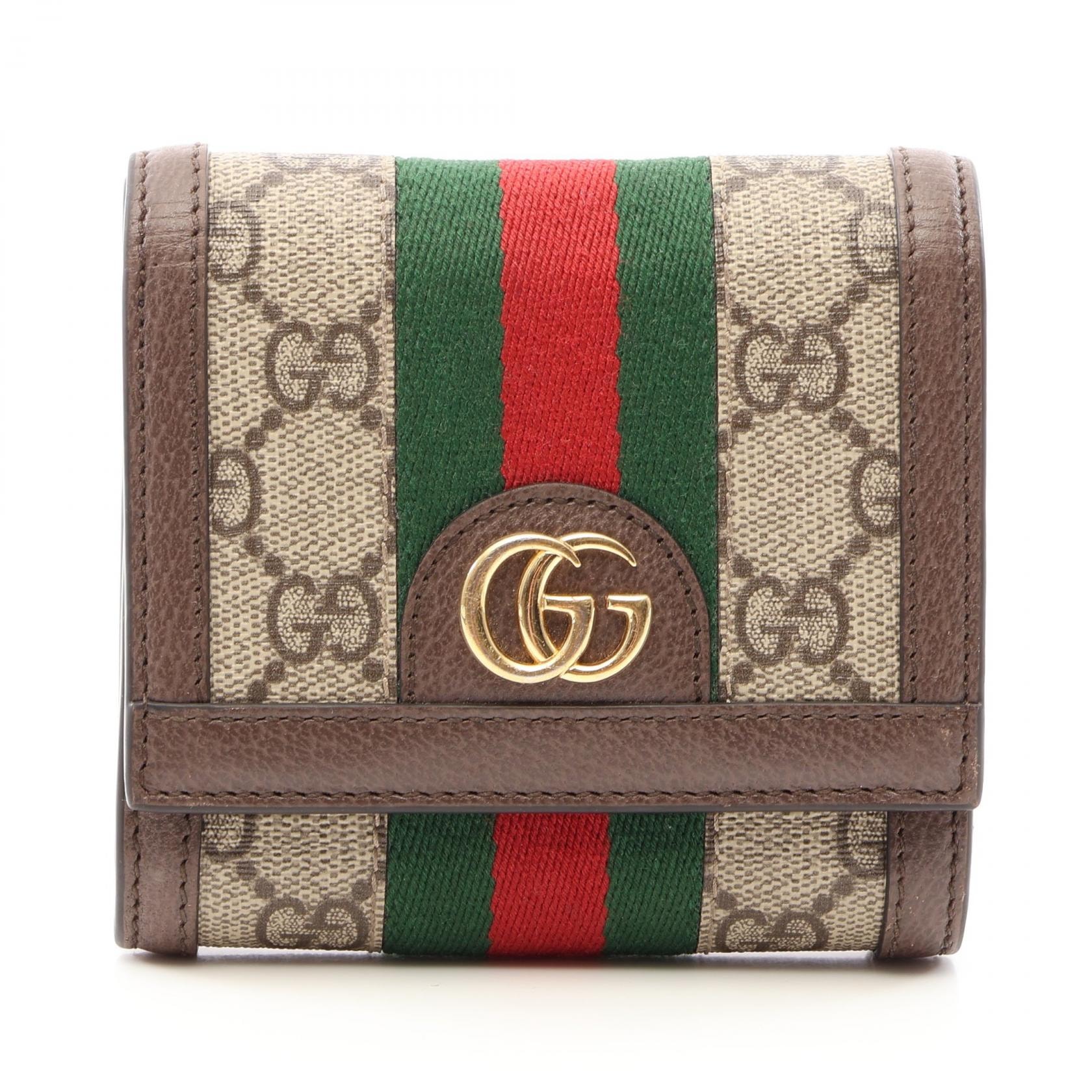 グッチ GUCCI オフィディア GG ウォレット シェリーライン 二つ折り財布 財布 レザー PVC レディース ベージュ系 / ブラウン系 / グリーン系 598662 【中古】