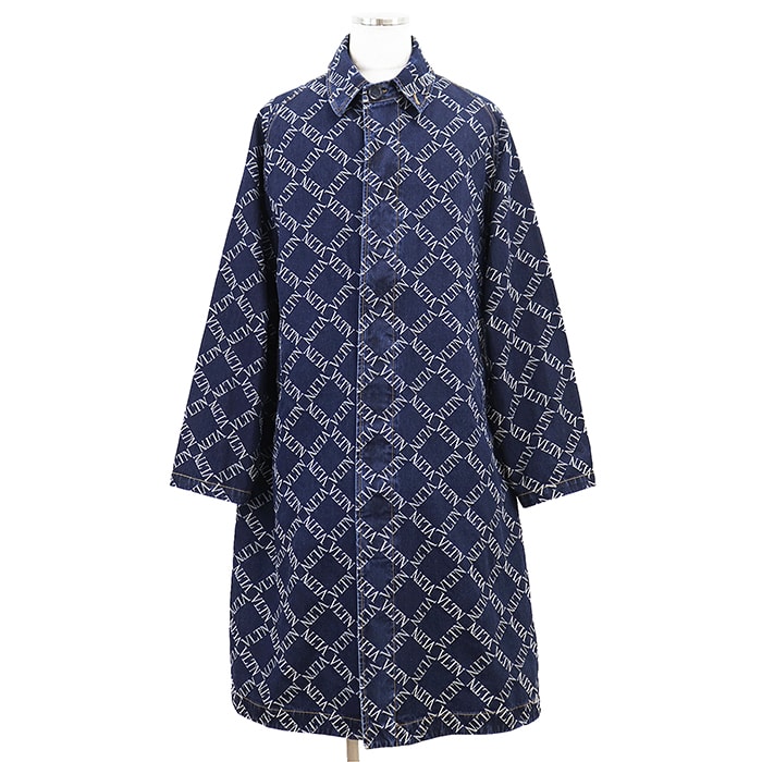 Valentino ヴァレンチノ コート デニム サイズ 52 メンズ VLTN ロゴ ボタン ダイヤ柄 総柄 ジャガード ステンカラー バルマカーン 比翼仕立て フライフロント ロング コットン100% アウター インディゴ イタリア製
