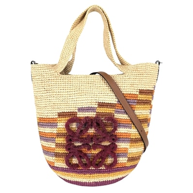 LOEWE ロエベ 2WAY スリットバッグミニ ハンドバッグ ショルダーバッグ 肩掛け アナグラム ラフィア カーフレザー ベージュ マルチカラー シルバー金具 レディース【中古品】