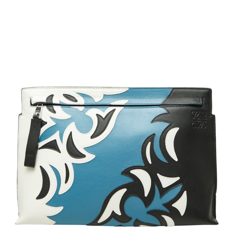 ロエベ アナグラム Tポーチ カウボーイ クラッチバッグ セカンドバッグ ブルー ホワイト ブラック レザー レディース LOEWE 【中古】
