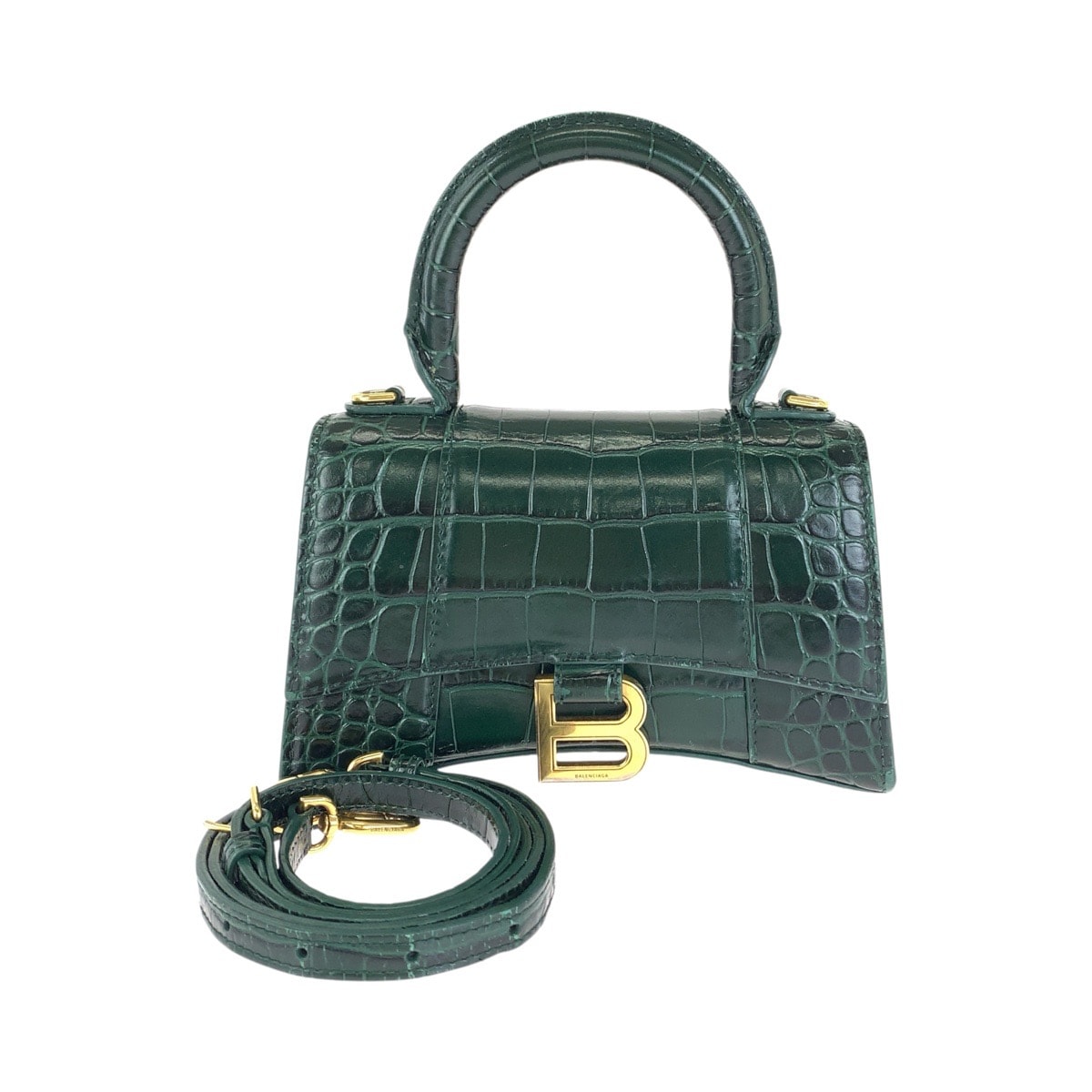 美品 BALENCIAGA バレンシアガ アワーグラスXS 型押し グリーン ゴールド金具 レザー ハンドバッグ ショルダーバッグ 2WAY 1-0282762 【中古】