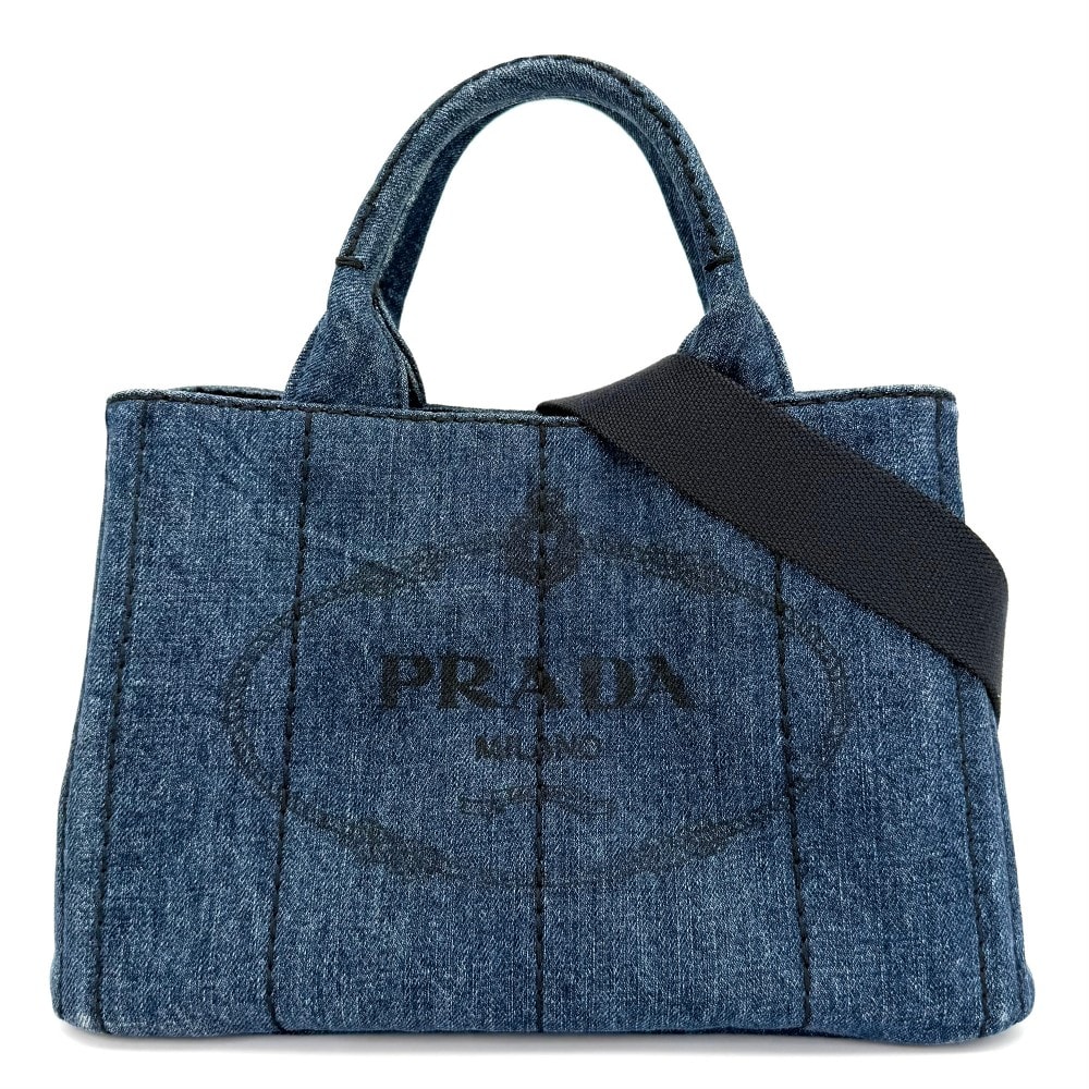 PRADA プラダ 2WAY カナパ ミニ デニム ハンドバッグ ショルダーバッグ 肩掛け 斜め掛け トライアングルロゴ 1BG439 コットン    インディゴ ゴールド金具 レディース【中古品】