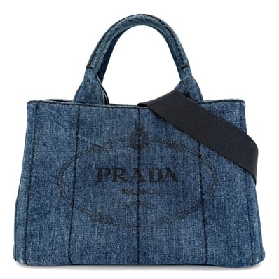 PRADA プラダ 2WAY カナパ ミニ デニム ハンドバッグ ショルダーバッグ 肩掛け 斜め掛け トライアングルロゴ 1BG439 コットン インディゴ ゴールド金具 レディース【中古品】