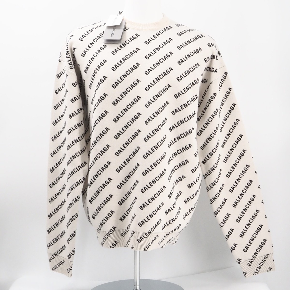 未使用 BALENCIAGA バレンシアガ 綿 ロゴ ニット XS 702952 セーター クリーム コットン ウール ポリエステル メンズ