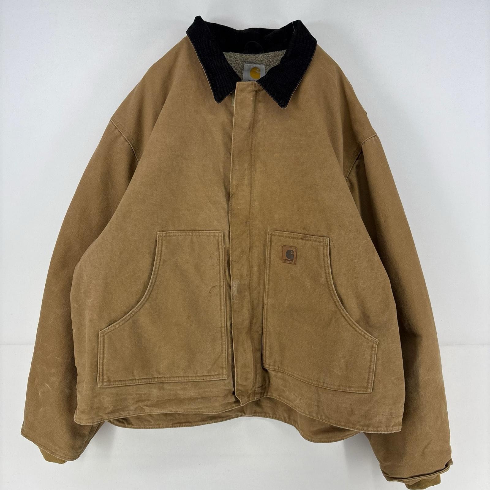 古着 カーハート Carhartt ダック ジャケット フルジップ トラディショナル 大きいサイズ ボアライナー ロゴ 2XL ベージュ メンズ