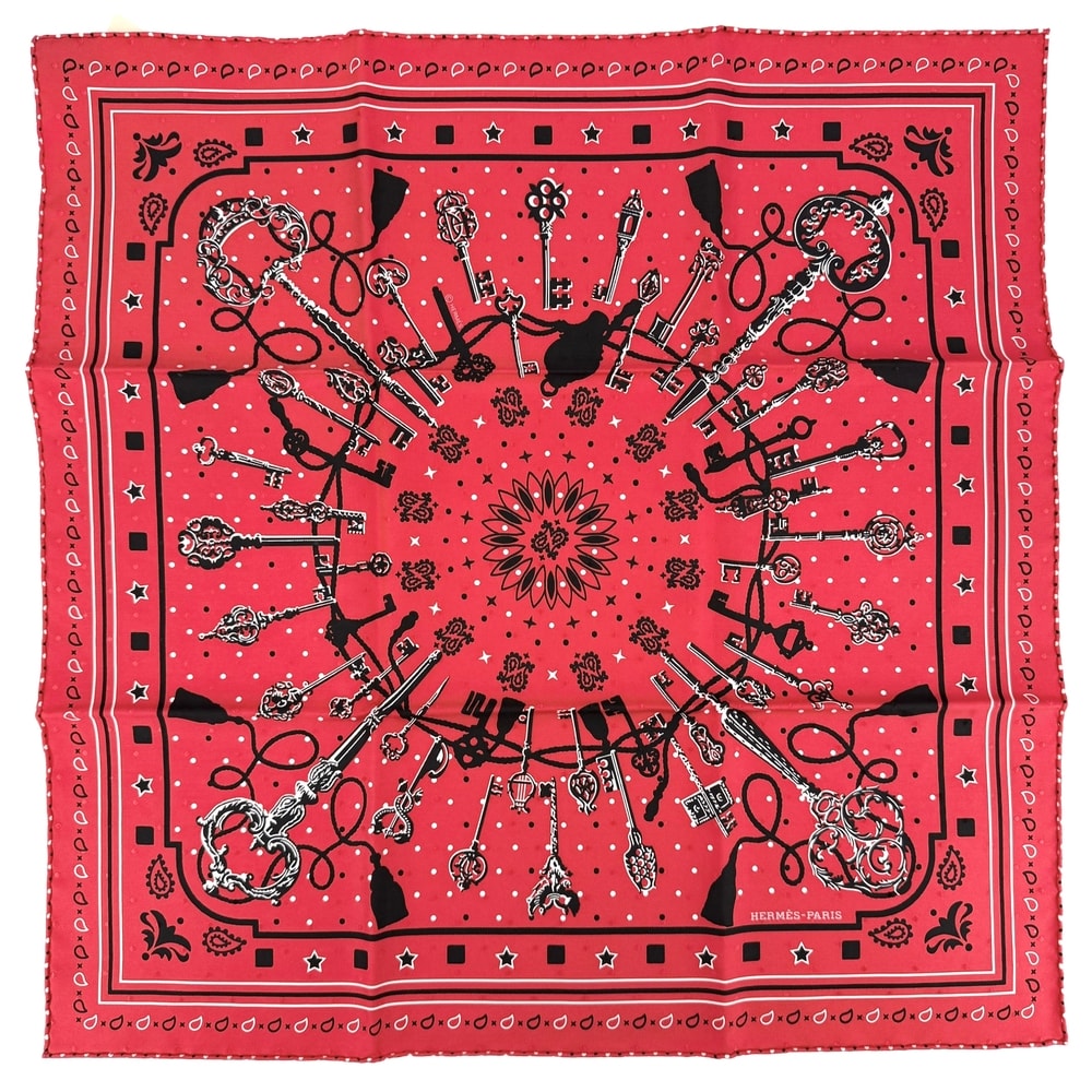 HERMES エルメス スカーフ カレ55 レクレ バンダナ ファッションアイテム LES CLES 鍵 シルク    レッド 赤 レディース 美品【中古品】
