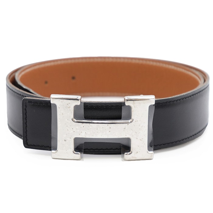 HERMES エルメス レザーベルト サイズ 70 レディース コンスタンス ボックスカーフ H ロゴ バックル シルバー金具 リバーシブル 小物 箱付属 ブラック 黒 D刻印 フランス製