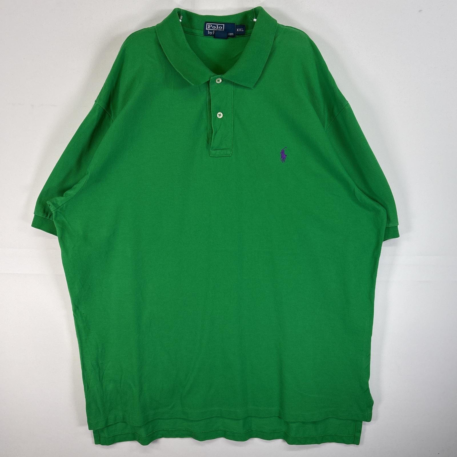 古着 90's/90年代 ポロバイラルフローレン Polo by Ralph Lauren 鹿の子 半袖 ポロシャツ ロゴ 刺繍 2ボタン 大きいサイズ 14041  グリーン 無地 メンズ