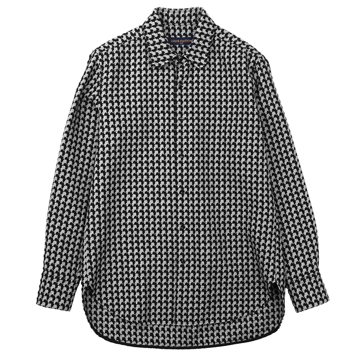 【美品】LOUIS VUITTON ルイ・ヴィトン 長袖シャツ メタリックヤーン サイズ S メンズ 2019AW ロゴ ボタン ジャガード ハウンドトゥース 千鳥格子 オーバーサイズ ロングスリーブ トップス グレー ブラック 黒 灰色 イタリア製