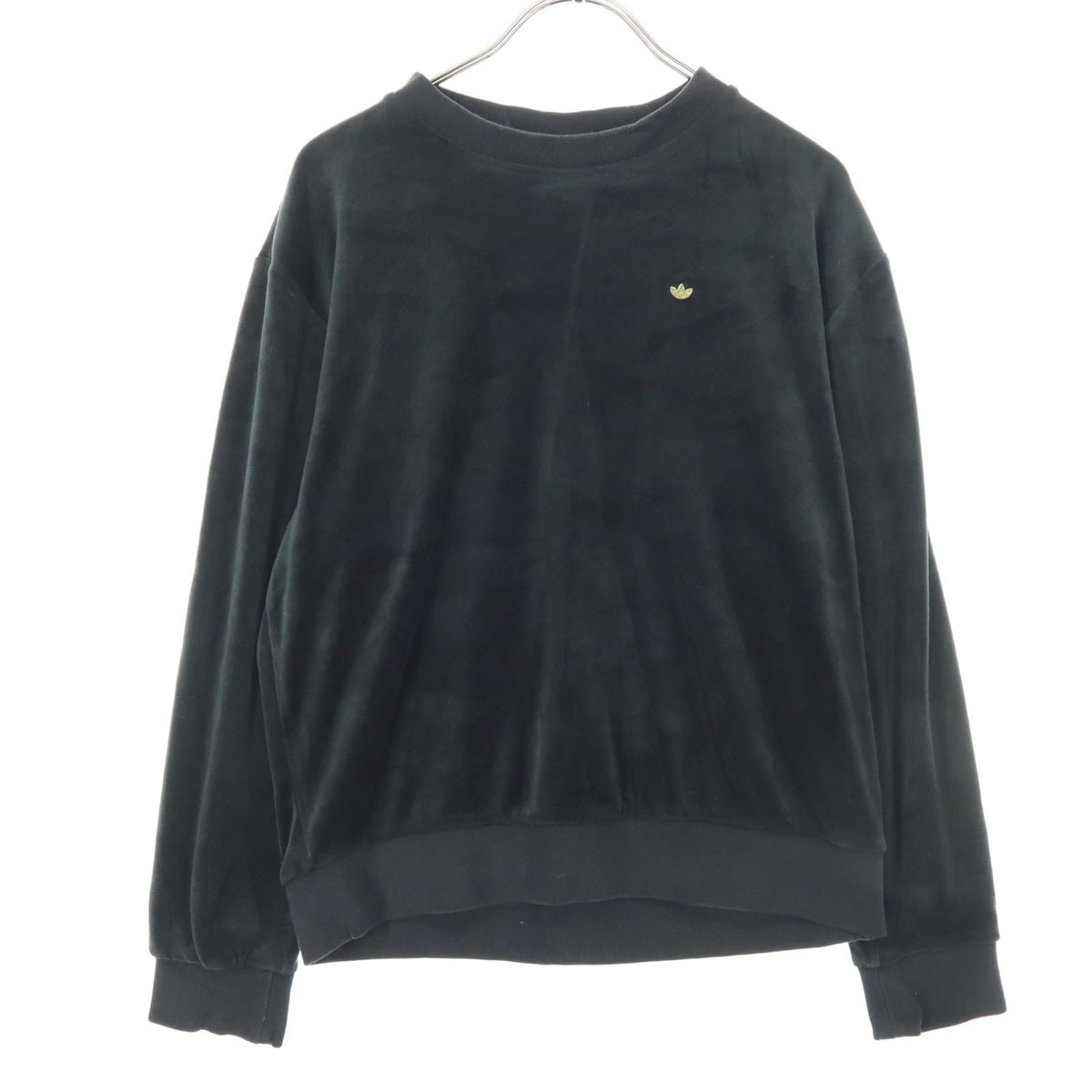 adidas アディダス トレフォイルロゴ 長袖 ベロア調 トレーナー XS ブラック スウェット