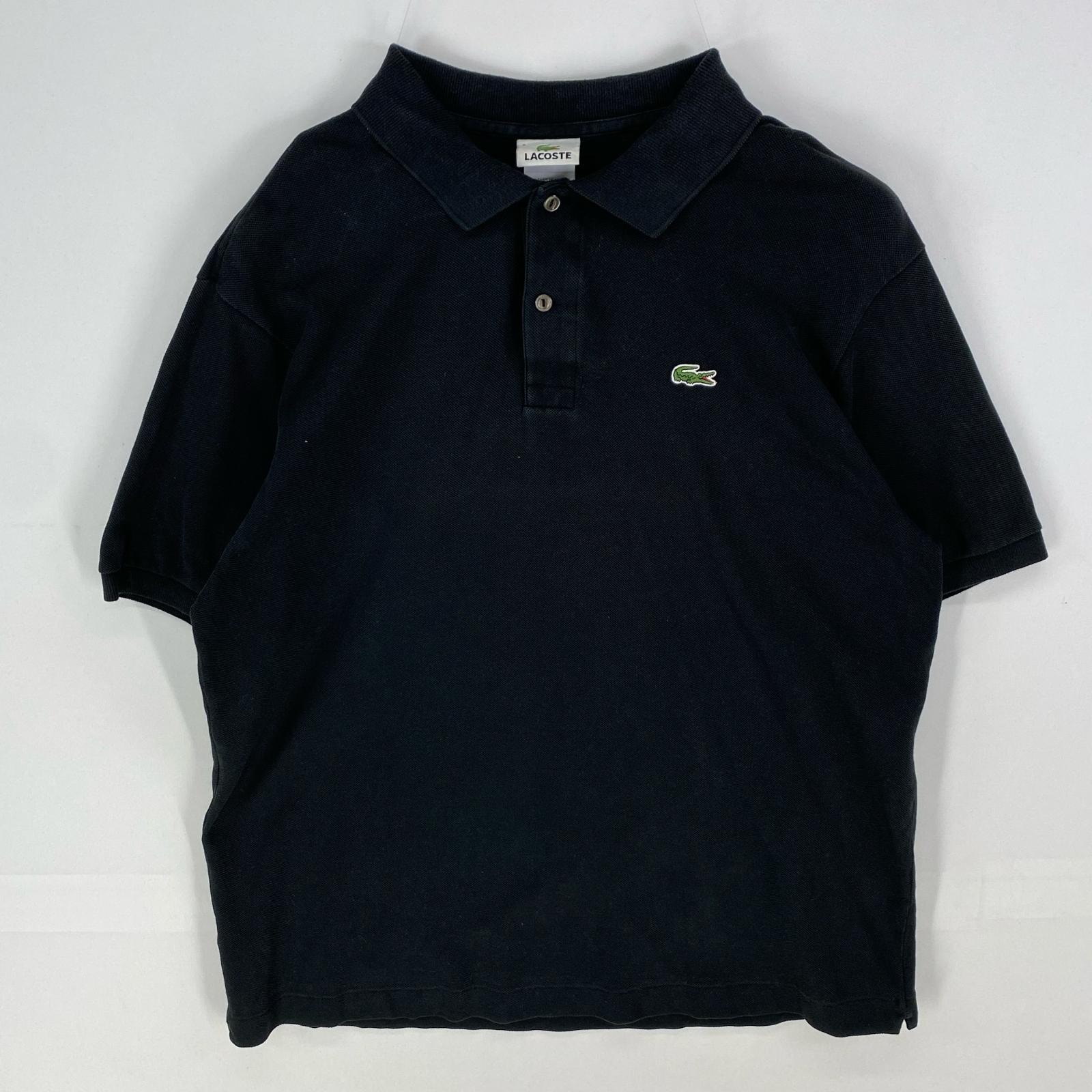 古着 ラコステ LACOSTE 鹿の子 半袖シャツ ワンポイント ワッペン ロゴ刺繍 ポロシャツ FR6=US XL〜XXL  ブラック系 無地 メンズ