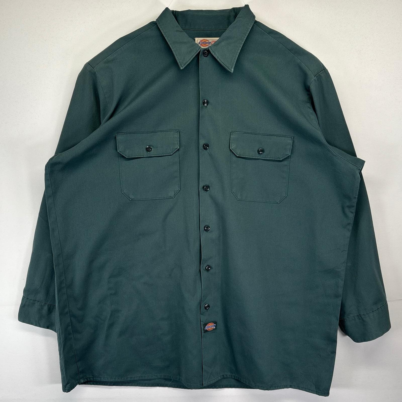 古着 ディッキーズ Dickies USA製 長袖シャツ 大きいサイズ 無地 胸ポケット ワーク ワンポイントロゴ 18 グリーン系 メンズ