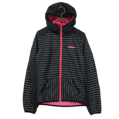 美品 adidas NEO アディダスネオ ボーダー柄 ワンポイントロゴ 長袖 ジップジャケット S ブラック フーディー