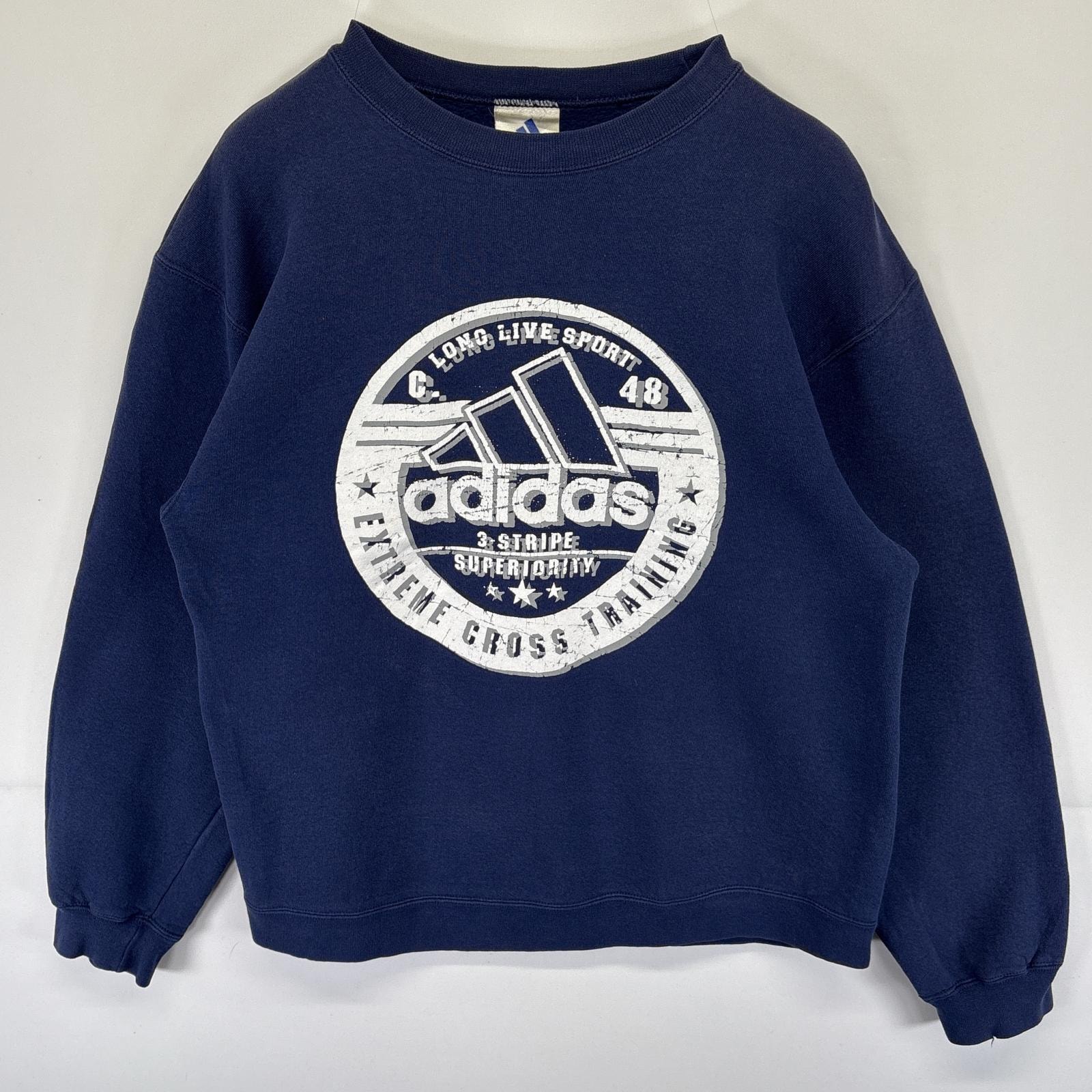 古着 00’s/00年代 アディダス adidas USA製 スウェット トレーナー ロゴプリント クルーネック プルオーバー M ネイビー メンズ