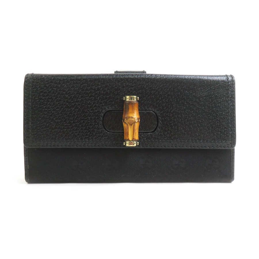 グッチ GUCCI 二つ折り長財布 バンブー GGキャンバス/レザー ブラック ゴールド レディース【中古】 e61741g