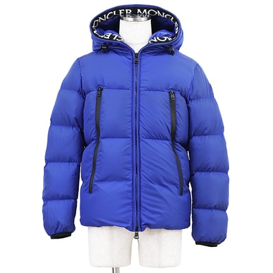 MONCLER モンクレール ダウンジャケット MONTCLA サイズ 1 メンズ 2019年製 ロゴ ラバーワッペン 刺繍 エンブロイダリーライニング フーデッド ジップアップ アウター ガーメント付属 ブルー 青 ブルガリア製