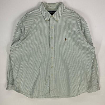 古着 ラルフローレン RALPH LAUREN 長袖シャツ ボタンダウン ワンポイント 刺繍ロゴ BLAKE 2XL グリーン系 ストライプ メンズ
