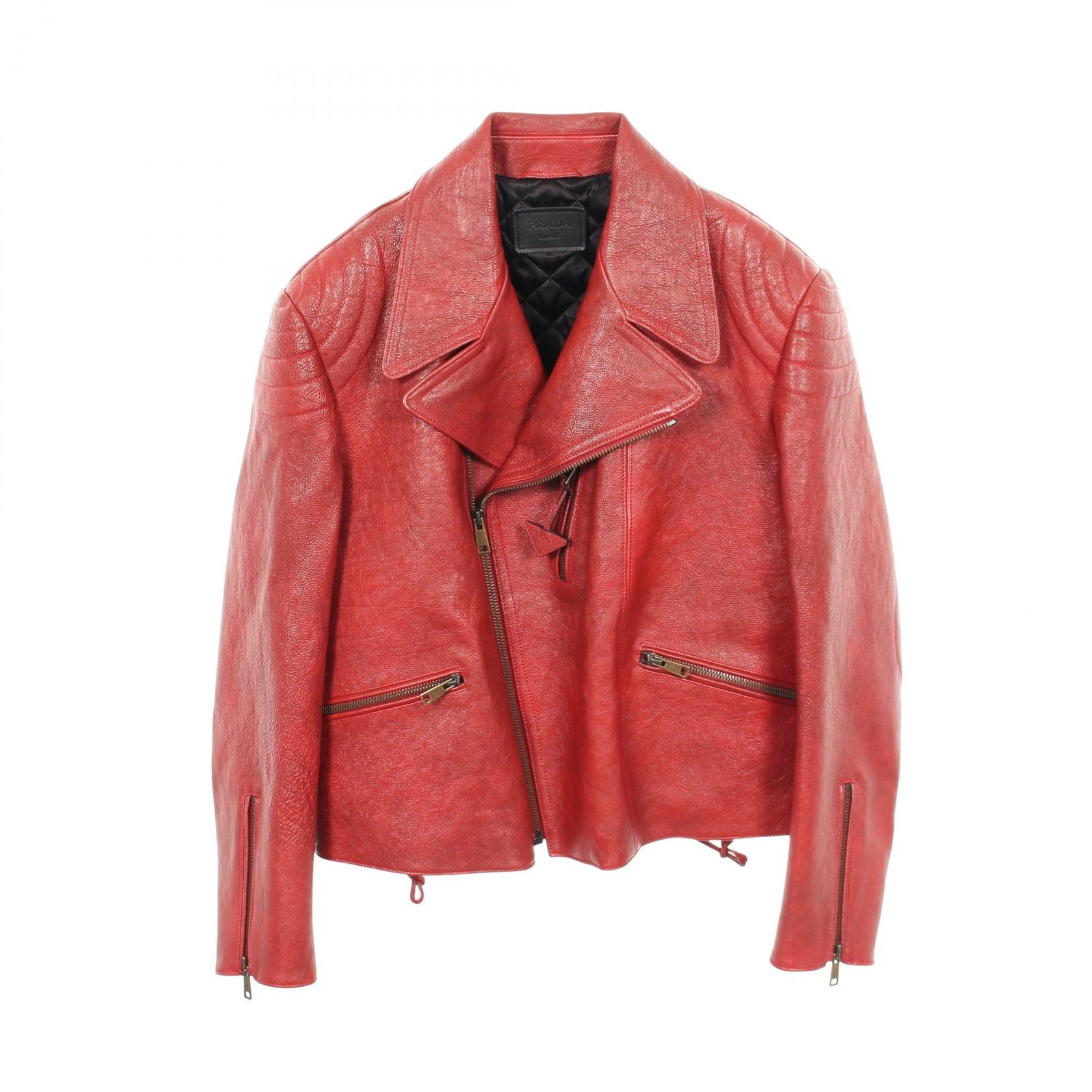 プラダ PRADA 中綿 ダブル ライダースジャケット 衣料品 アウター レザー メンズ レッド系 【中古】