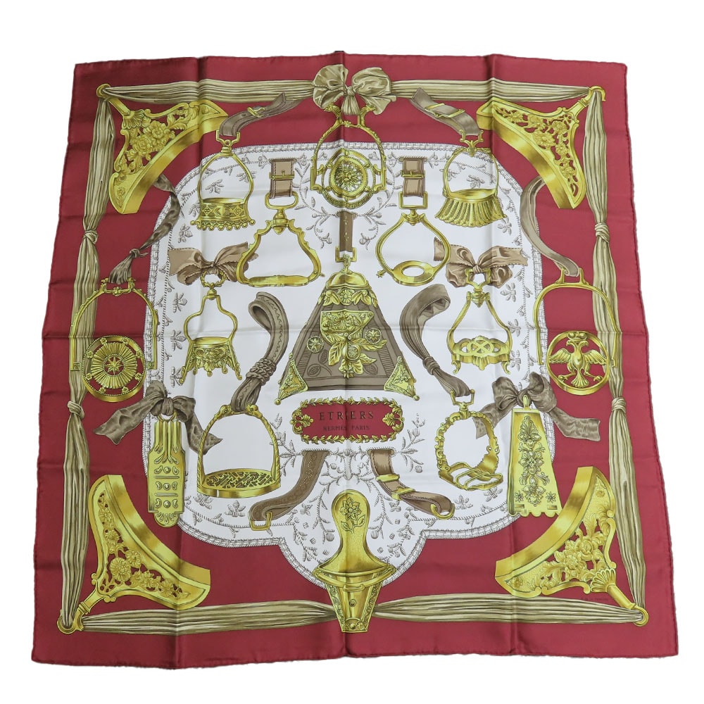 【中古】 エルメス スカーフ カレ90 シルク レッド ホワイト イエロー おしゃれ 馬具柄 ETRIERS レディース 女性 HERMES