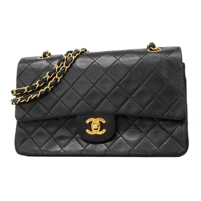 ★SALE【6ee5336-h】シャネル ショルダーバッグ マトラッセ Wフラップ Wチェーン ラムスキン ブラック ゴールド金具【中古】レディース