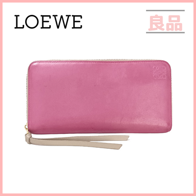 ロエベ 長財布 ラウンドファスナー アナグラム ピンク ベージュ ストラップ