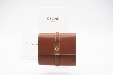 美品 CELINE セリーヌ サテンドカーフスキン スモール トリフォールドウォレット 16セーズ 10F523CQ7.04LU 三つ折り財布 ブラウン サテン レディース