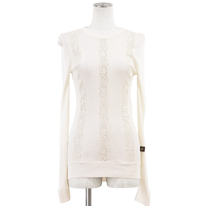 【SALE】LOUIS VUITTON ルイ・ヴィトン リブニット サイズ S レディース 2021AW フローラル 花柄 レース モノグラムフラワー ピスネーム プルオーバー ロングスリーブ 長袖 レーヨン100% トップス アイボリー イタリア製