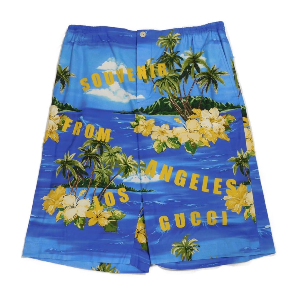 GUCCI グッチ プリント コットン ポプリン ショーツ 48 アロハ ボタニカル イエロー マルチカラー ボタンフライ ハーフパンツ 175/78A 未使用 ロゴ ブルー パンツ 672698 ZAJSR 4464