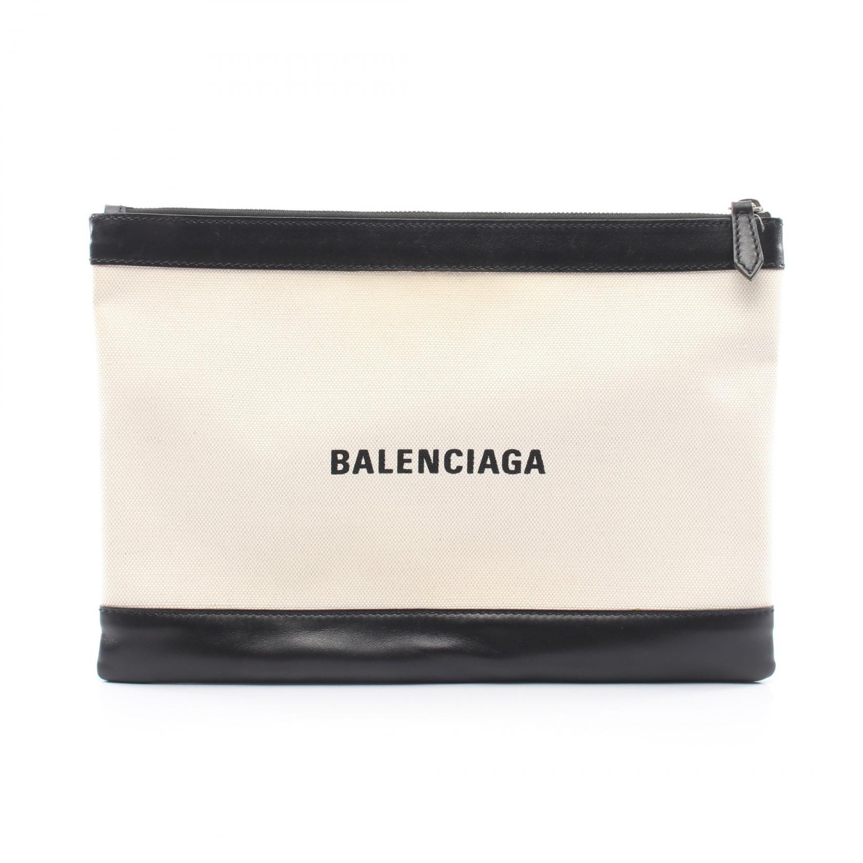 バレンシアガ BALENCIAGA ネイビークリップ M セカンドバッグ クラッチバッグ バッグ キャンバス レザー メンズ レディース アイボリー系 / ブラック系 373834 【中古】
